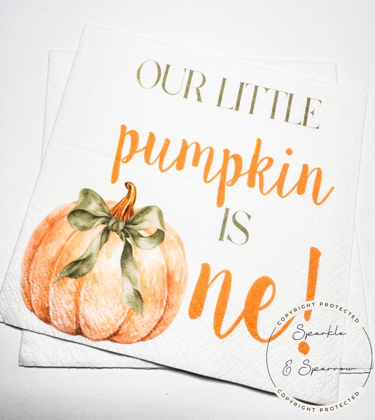Our Little Pumpkin is One Pumpkin First Birthday Pumpkin Green Bow Pumpkin One Fall Bday Cocktail, Luncheon or Dinner Napkins Set of 25
