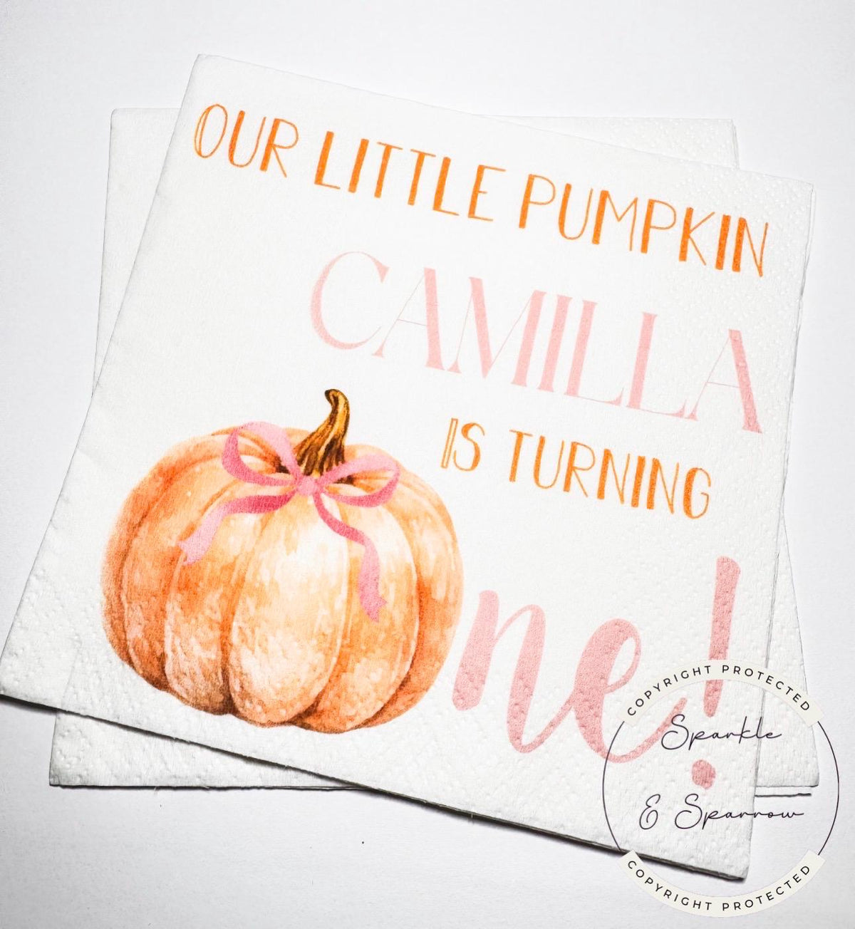 Pumpkin First Birthday Pumpkin Pink Bow Pumpkin One Birthday Pink Bow Pumpkin Personalized Cocktail, Luncheon or Dinner Napkins Set of 25
