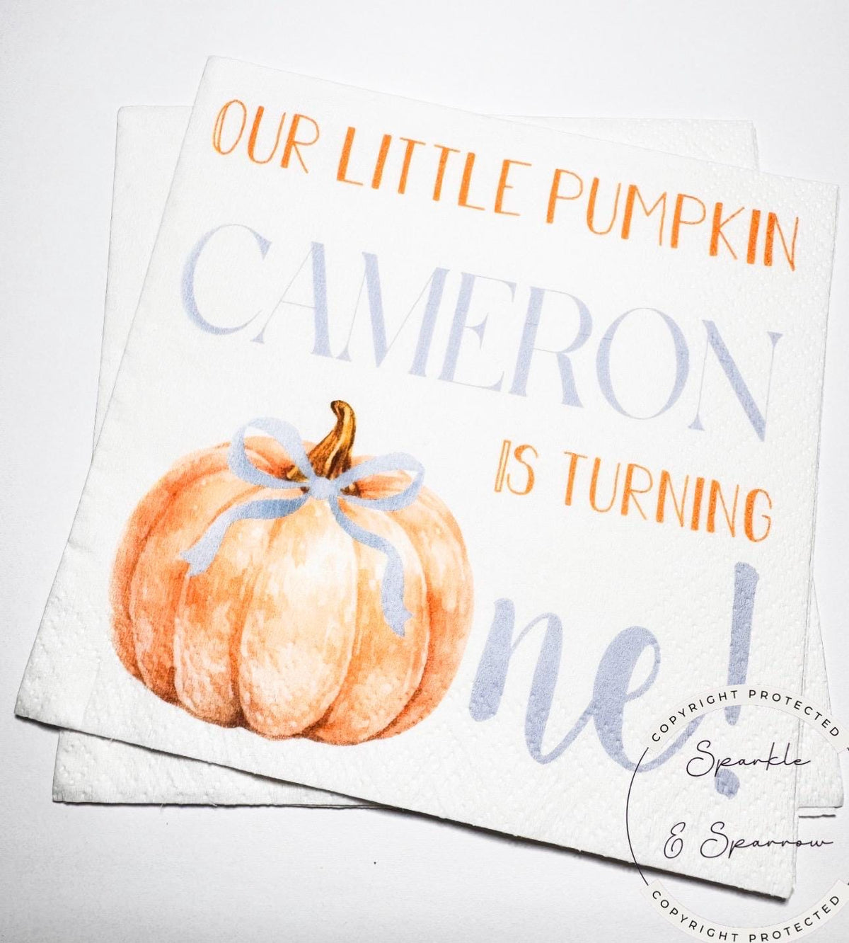 Pumpkin First Birthday Pumpkin Blue Bow Pumpkin One Birthday Blue Bow Pumpkin Personalized Cocktail, Luncheon or Dinner Napkins Set of 25