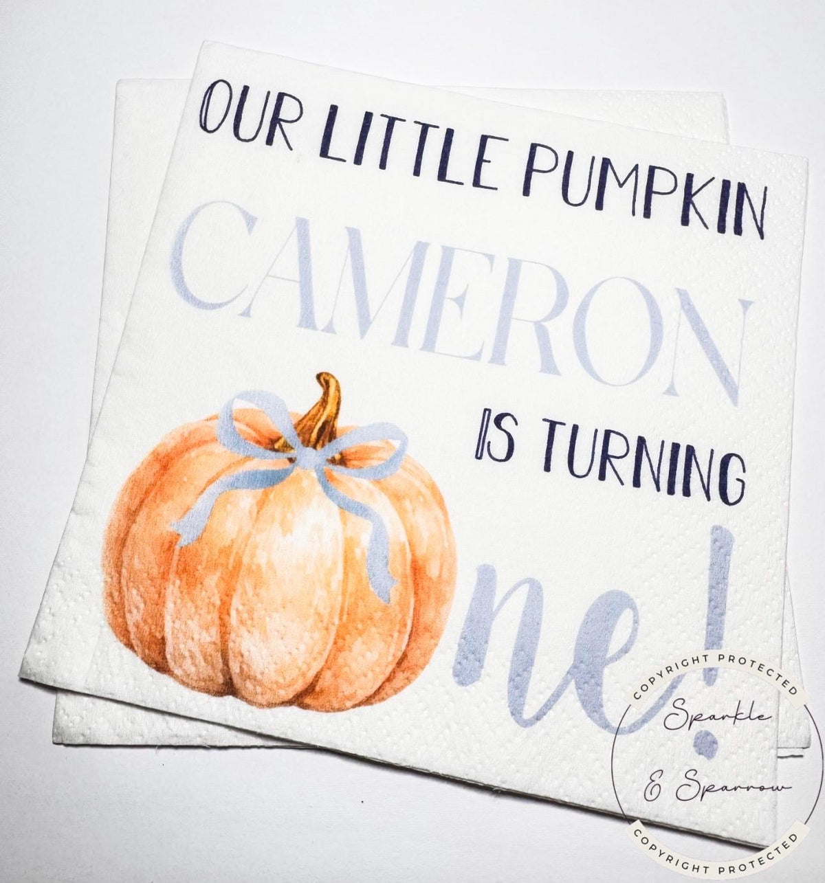 Pumpkin First Birthday Pumpkin Blue Bow Pumpkin One Birthday Blue Bow Pumpkin Personalized Cocktail, Luncheon or Dinner Napkins Set of 25