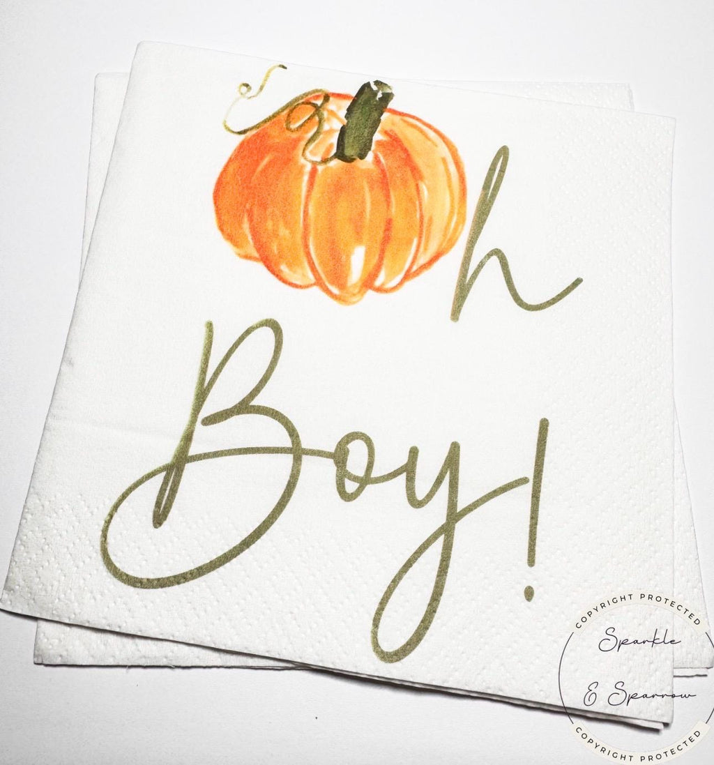 Oh Boy Pumpkin Napkins Fall Baby Shower Napkins Boy Neutral Green Pumpkin Baby Shower Little Pumpkin Fall Baby Shower Napkins, Set of 25