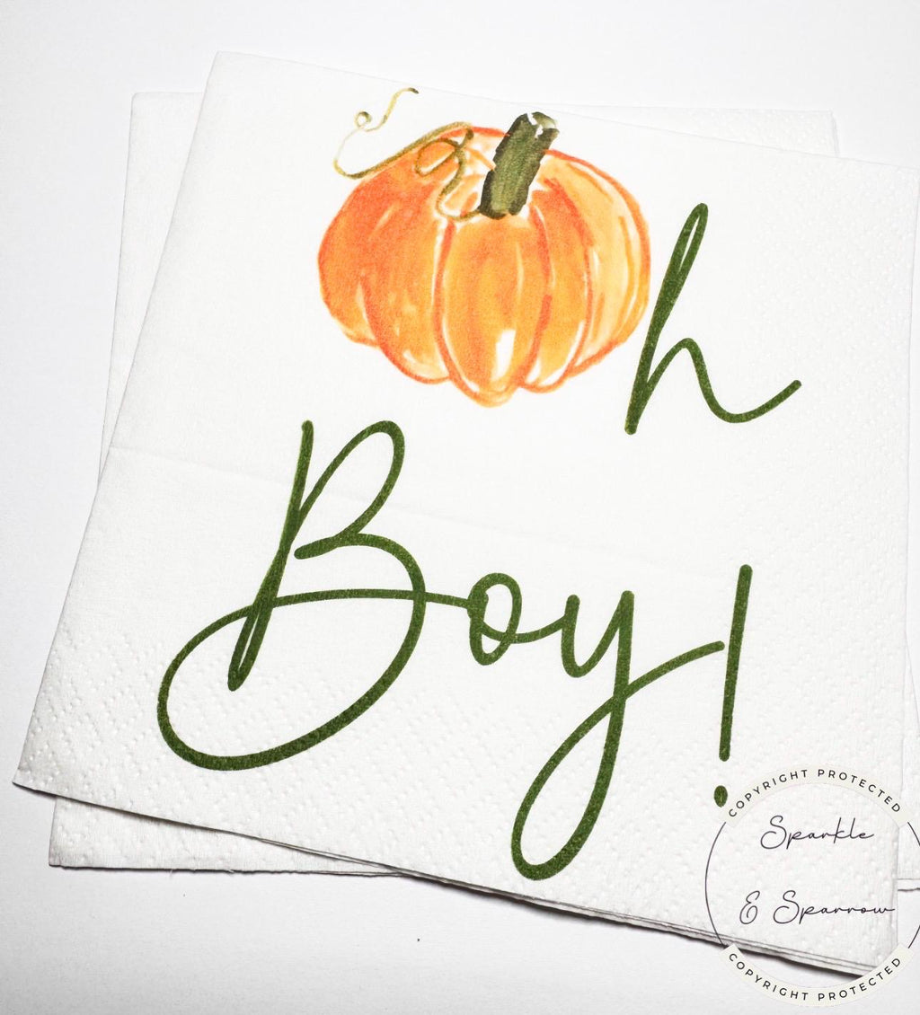 Oh Boy Pumpkin Napkins Fall Baby Shower Napkins Boy Neutral Green Pumpkin Baby Shower Little Pumpkin Fall Baby Shower Napkins, Set of 25