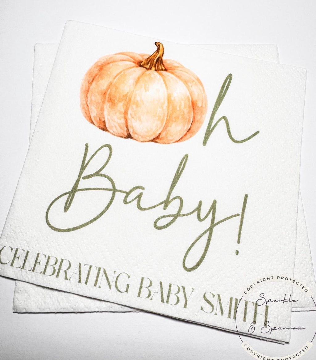 Oh Baby Pumpkin Napkins Fall Baby Shower Napkins Gender Neutral Green Pumpkin Baby Shower Fall Baby Shower Personalized Napkins, Set of 25