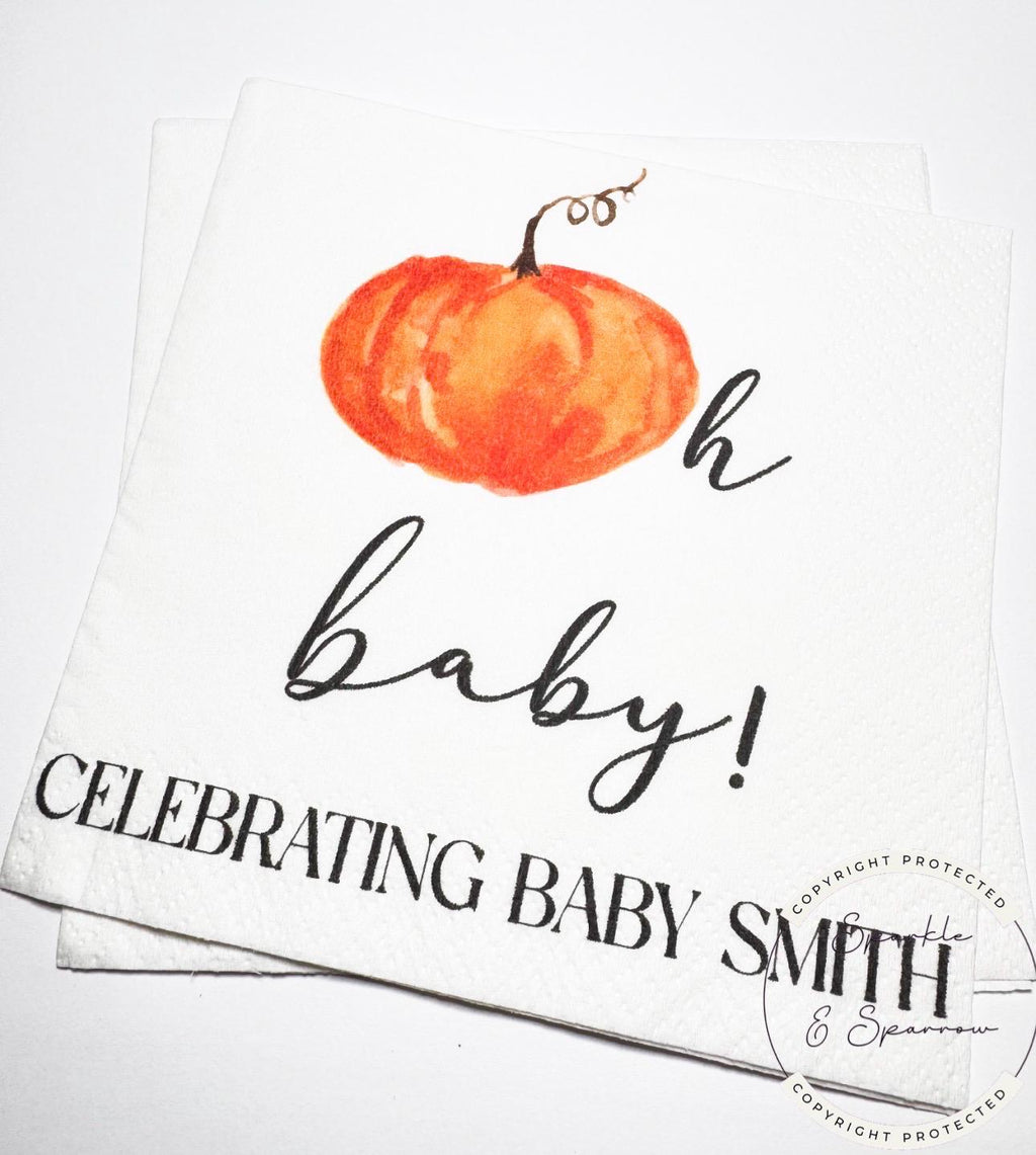 Oh Baby Pumpkin Napkins Fall Baby Shower Napkins Gender Neutral Pumpkin Baby Shower Fall Baby Shower Personalized Napkins, Set of 25