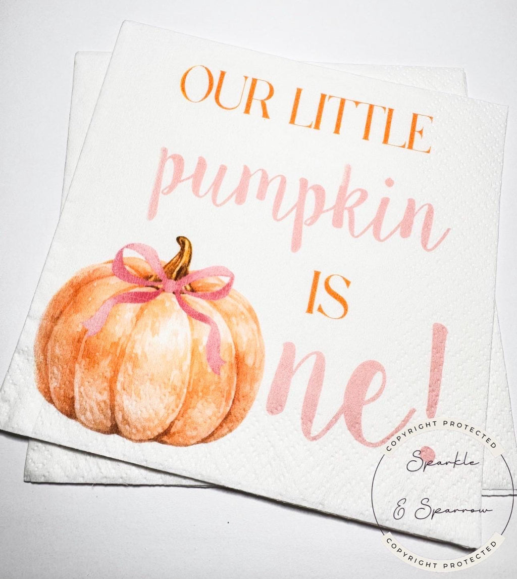 Pumpkin First Birthday Pumpkin Pink Bow Pumpkin One Birthday Pink Bow Pumpkin Girl 1st Bday Cocktail, Luncheon or Dinner Napkins Set of 25