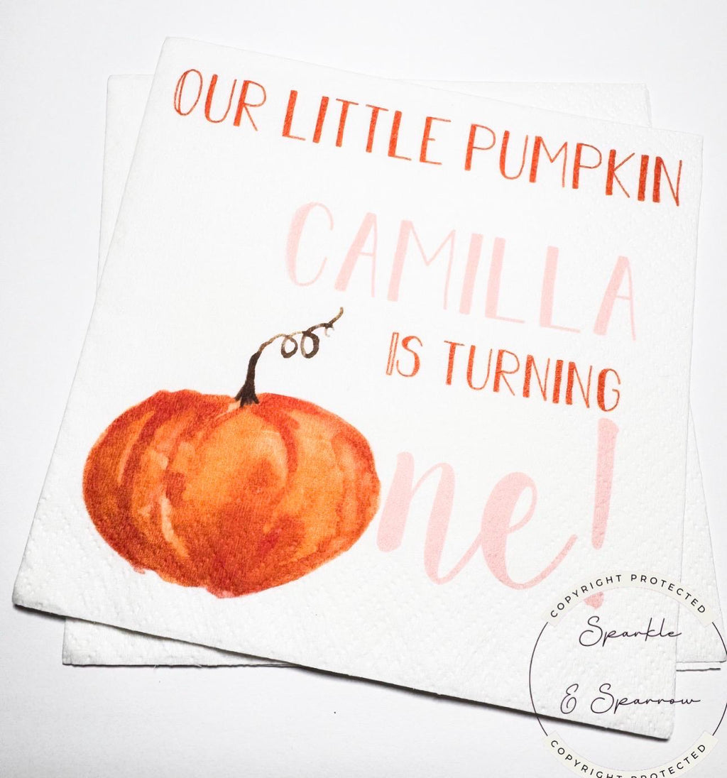 Pumpkin First Birthday Pumpkin Pink Orange Pumpkin One Birthday Pink Pumpkin Personalized Cocktail, Luncheon or Dinner Napkins Set of 25