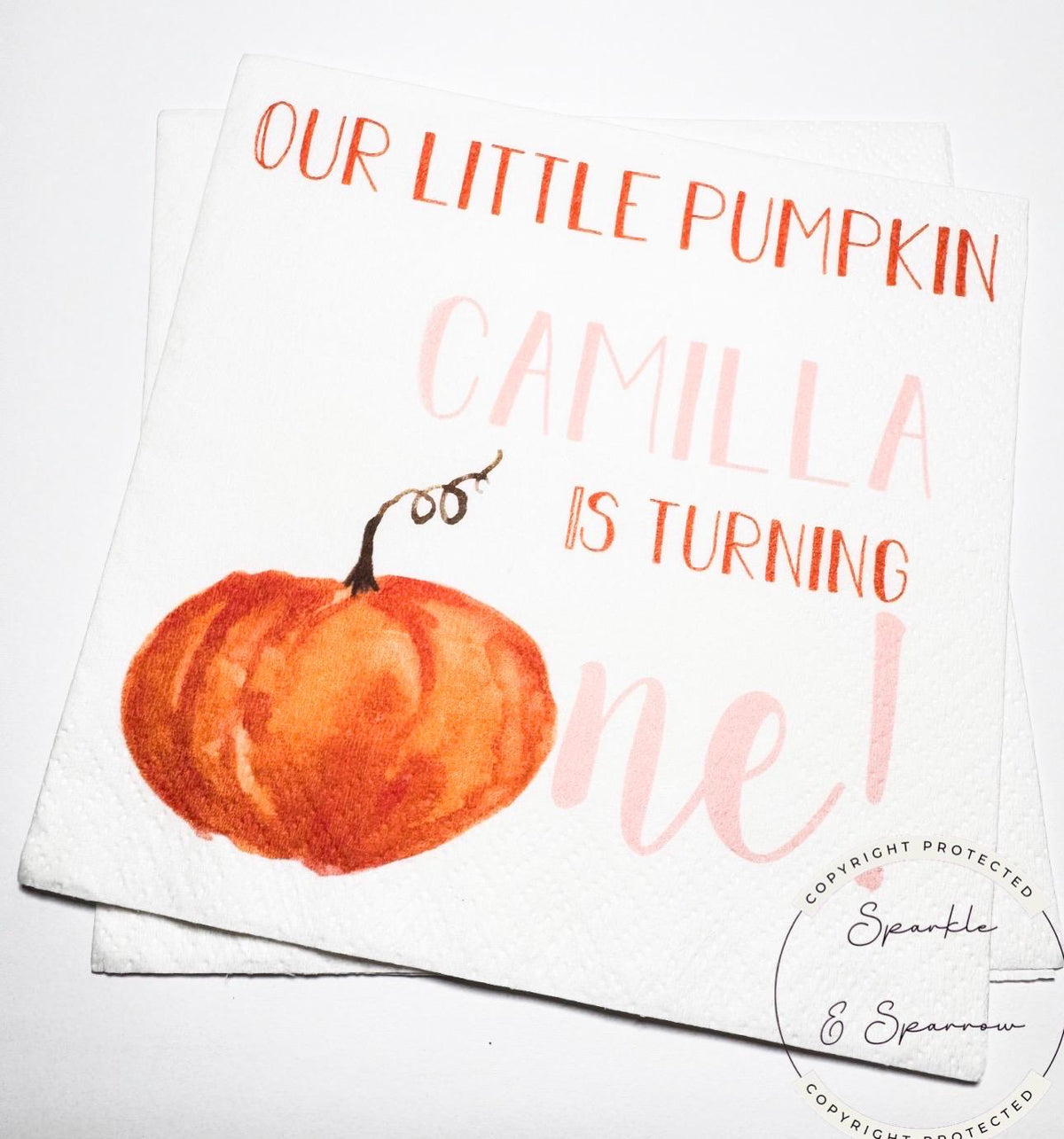 Pumpkin First Birthday Pumpkin Pink Orange Pumpkin One Birthday Pink Pumpkin Personalized Cocktail, Luncheon or Dinner Napkins Set of 25