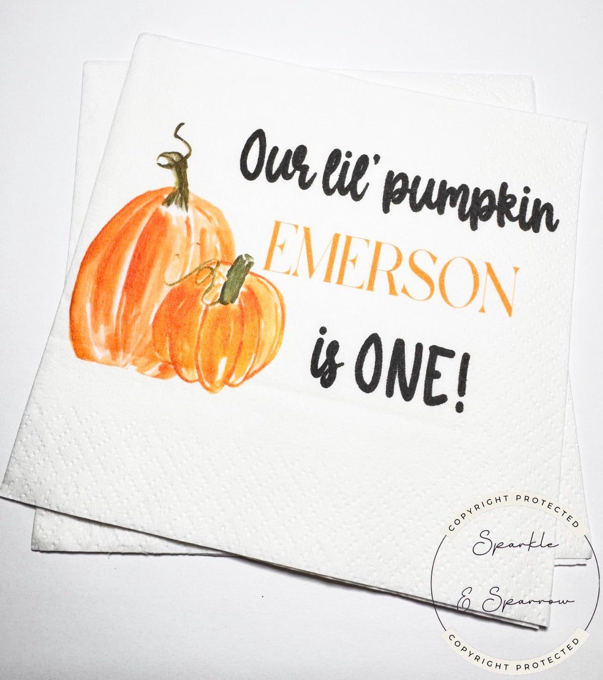 Our Lil Pumpkin First Birthday Pumpkin One Fall Birthday Little Pumpkin 1st Bday Personalized Cocktail, Luncheon or Dinner Napkins Set of 25