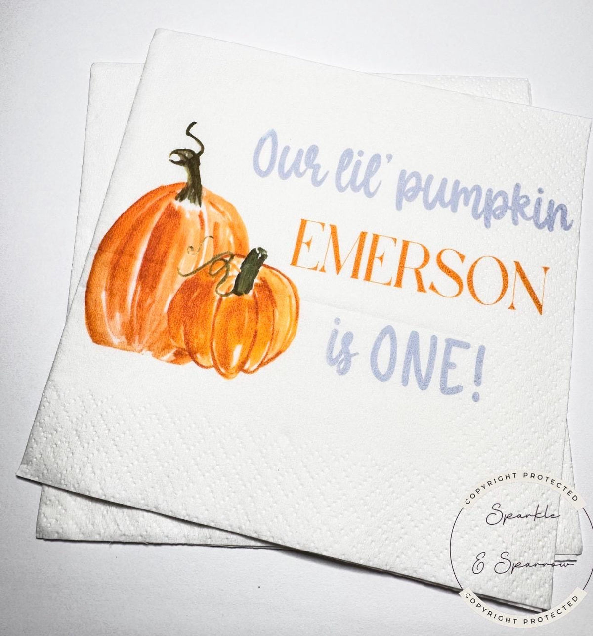 Our Lil Pumpkin First Birthday Pumpkin One Fall Birthday Little Pumpkin 1st Bday Personalized Cocktail, Luncheon or Dinner Napkins Set of 25