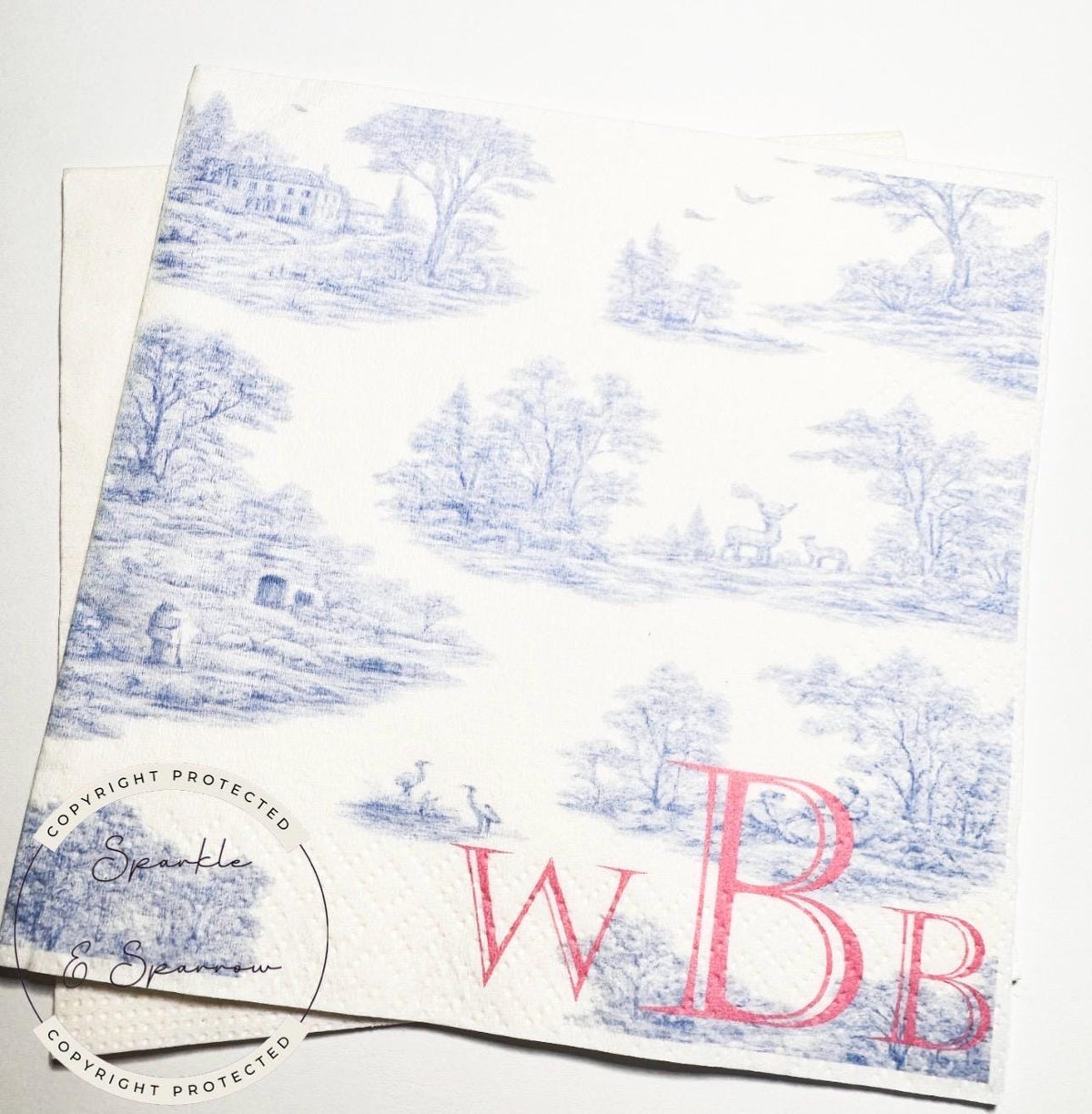 Custom Monogram Napkins Blue Toile Baby Shower Grandmillenial  Baby Shower Chinoiserie Party Decor Blue Pink Baby Shower Napkins, Set of 25