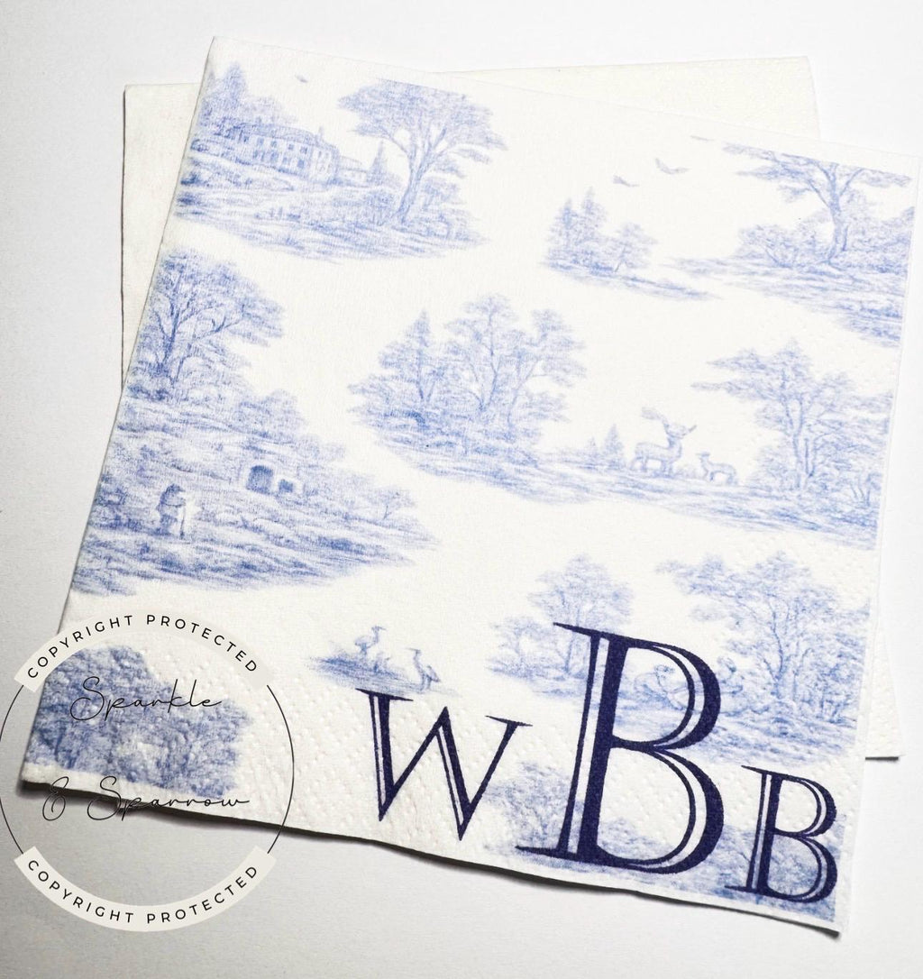 Custom Monogram Napkins Blue Toile Baby Shower Grandmillenial  Baby Shower Chinoiserie Party Decor Blue Pink Baby Shower Napkins, Set of 25