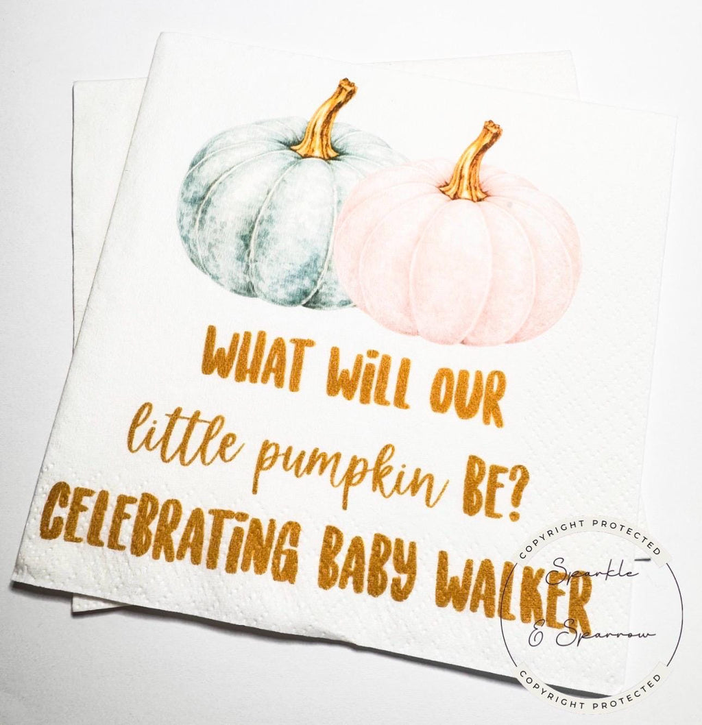 Fall Pumpkin Gender Reveal He or She What Will Little Pumpkin Be Pink Blue Pumpkin Baby Personalized Cocktail or Luncheon Napkins, Set of 25
