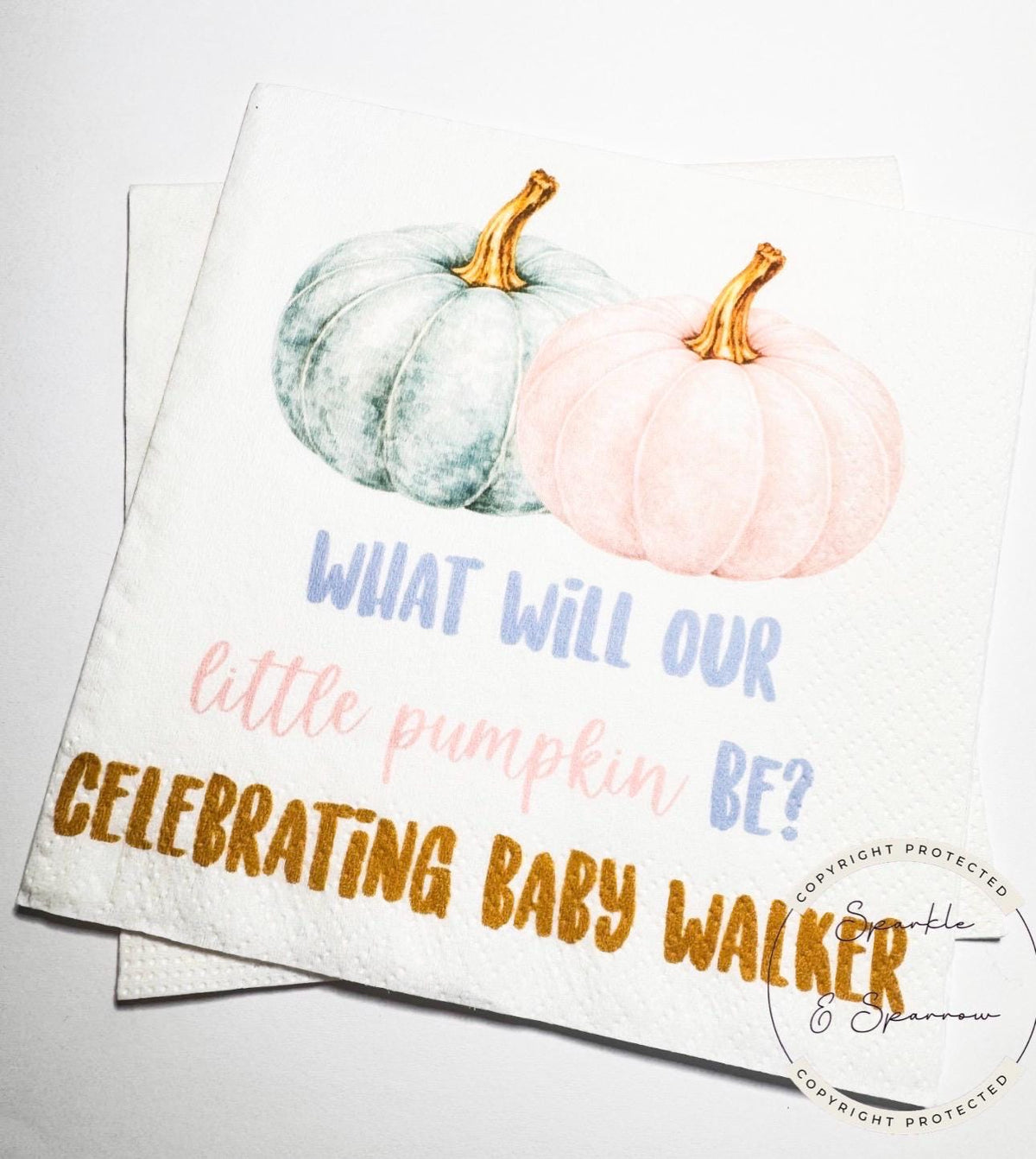 Fall Pumpkin Gender Reveal He or She What Will Little Pumpkin Be Pink Blue Pumpkin Baby Personalized Cocktail or Luncheon Napkins, Set of 25