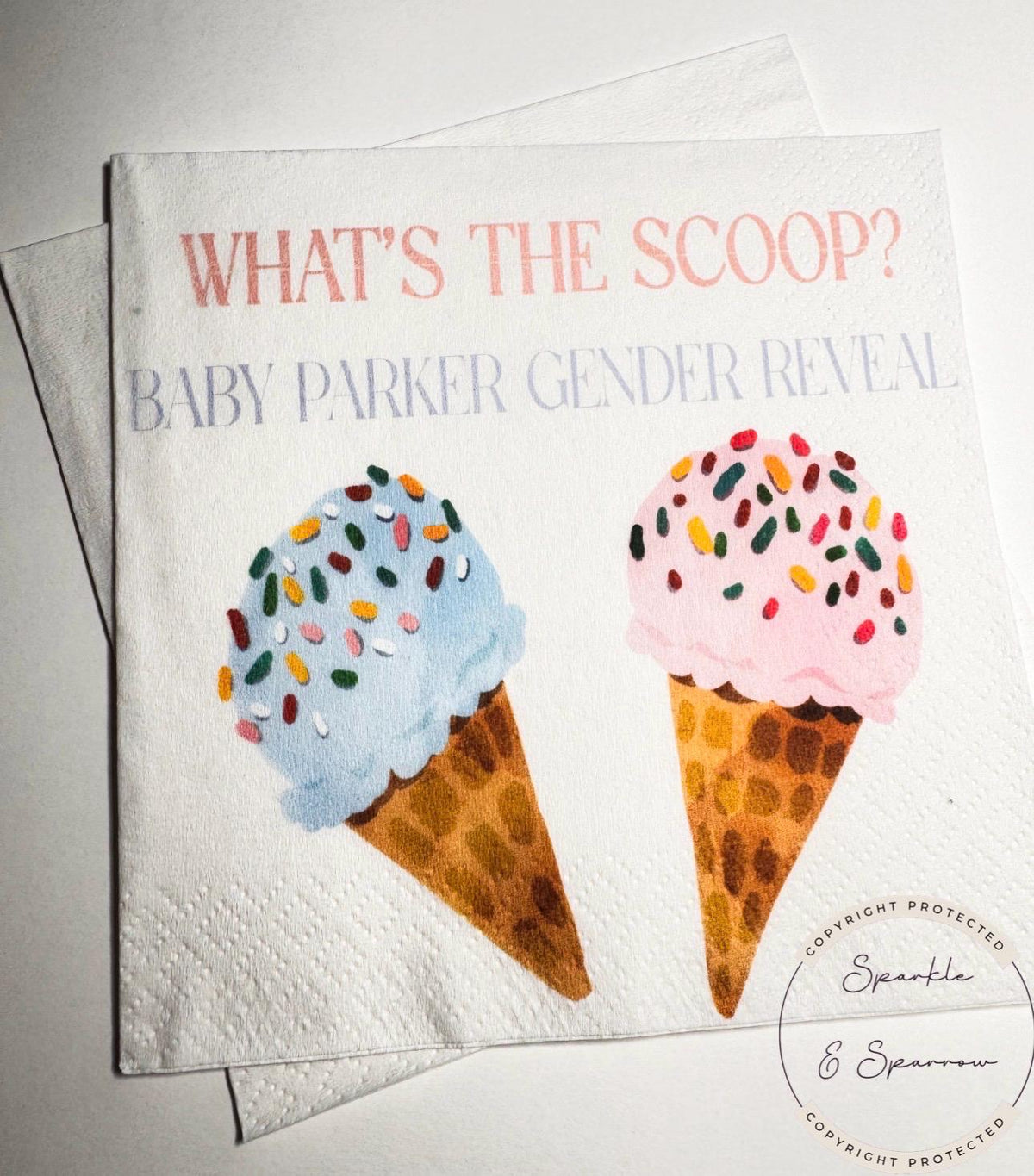 What’s the Scoop Gender Reveal Ice Cream Baby Reveal Pink Blue Ice Cream Personalized Cocktail, Luncheon or Dinner Napkins Set of 25