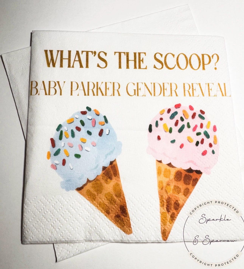 What’s the Scoop Gender Reveal Ice Cream Baby Reveal Pink Blue Ice Cream Personalized Cocktail, Luncheon or Dinner Napkins Set of 25