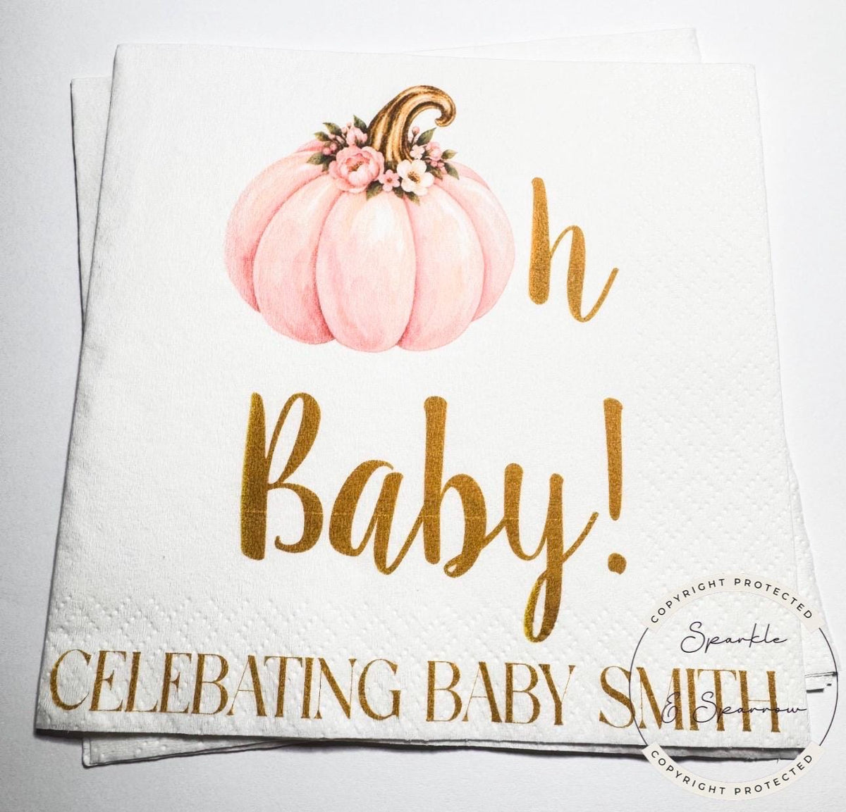 Pumpkin Oh Baby Shower Pink Gold Pumpkin Girl Fall Pink Gold Fall Baby Shower Personalized  Cocktail, Luncheon or Dinner Napkins Set of 25
