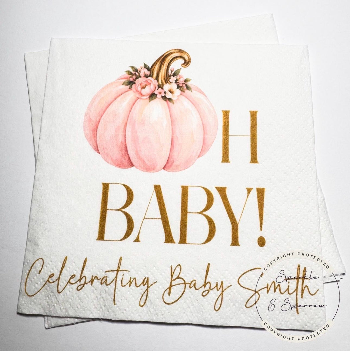 Pumpkin Oh Baby Shower Pink Gold Pumpkin Girl Fall Pink Gold Fall Baby Shower Personalized  Cocktail, Luncheon or Dinner Napkins Set of 25