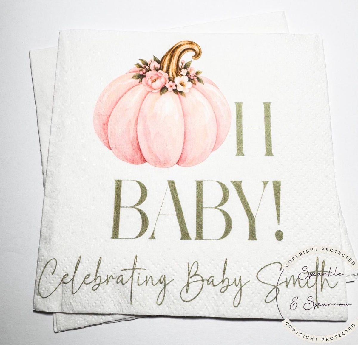Pumpkin Oh Baby Shower Pink Sage Pumpkin Girl Fall Pink Gold Fall Baby Shower Personalized  Cocktail, Luncheon or Dinner Napkins Set of 25