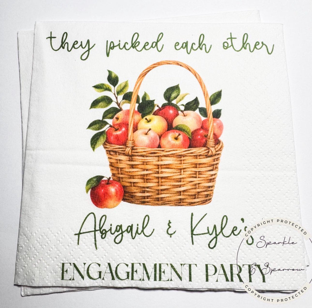 They Picked Each Other Apple Engagement Party Napkins Fall Apple Engagement Personalized Cocktail, Luncheon or Dinner Napkins Set of 25