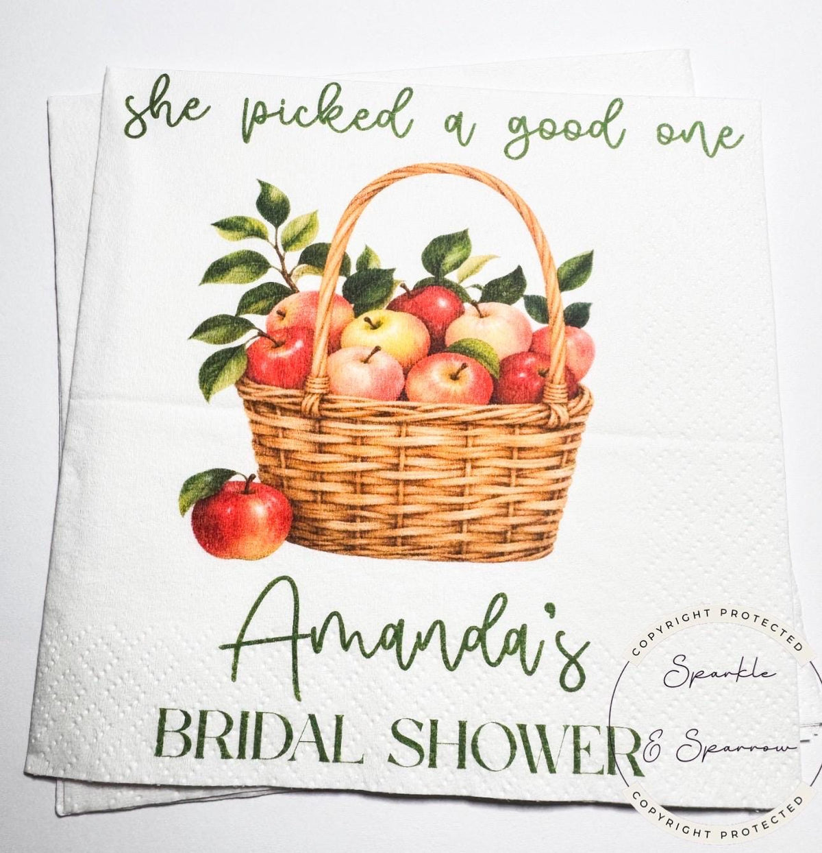 She Picked a Good One Apple Bridal Shower Napkins Fall Apple Bridal Shower Personalized Cocktail, Luncheon or Dinner Napkins Set of 25