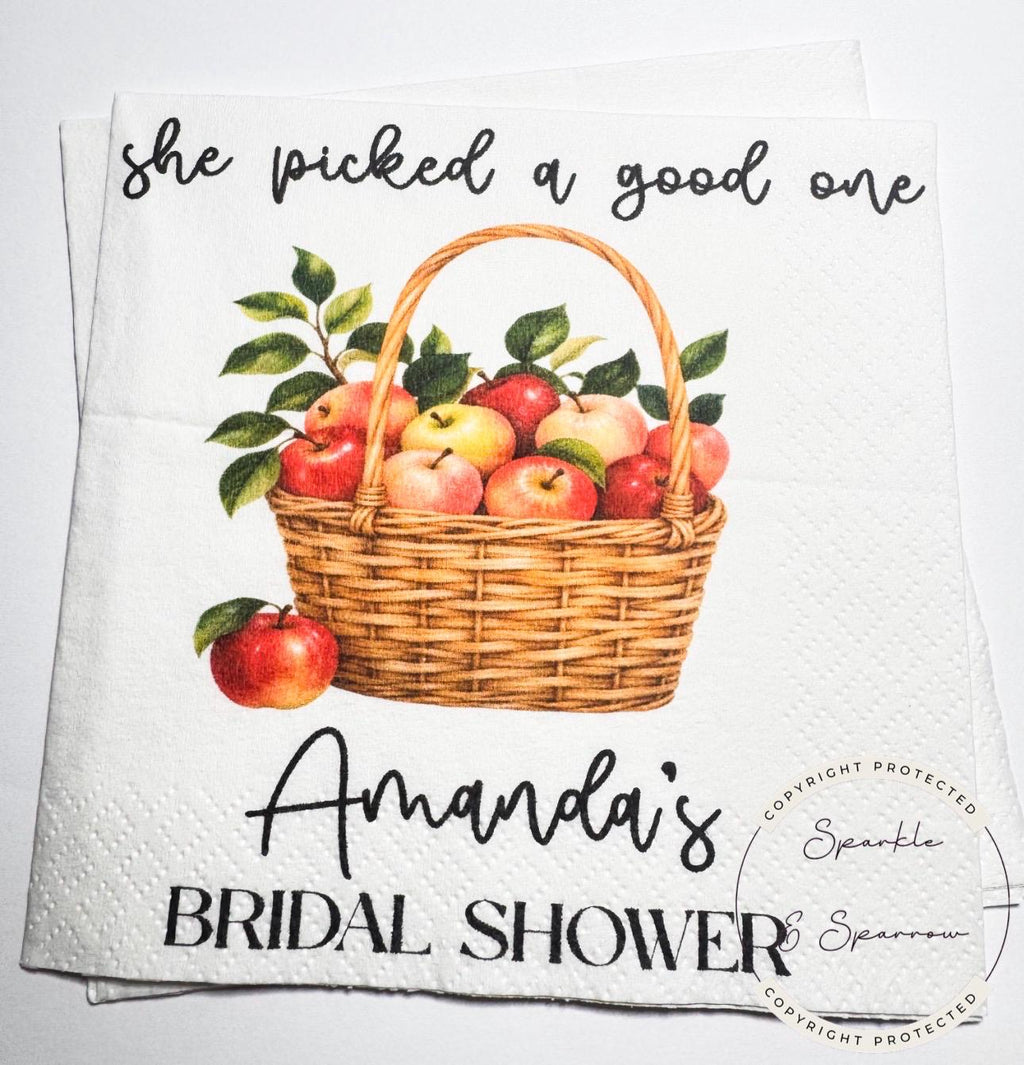 She Picked a Good One Apple Bridal Shower Napkins Fall Apple Bridal Shower Personalized Cocktail, Luncheon or Dinner Napkins Set of 25
