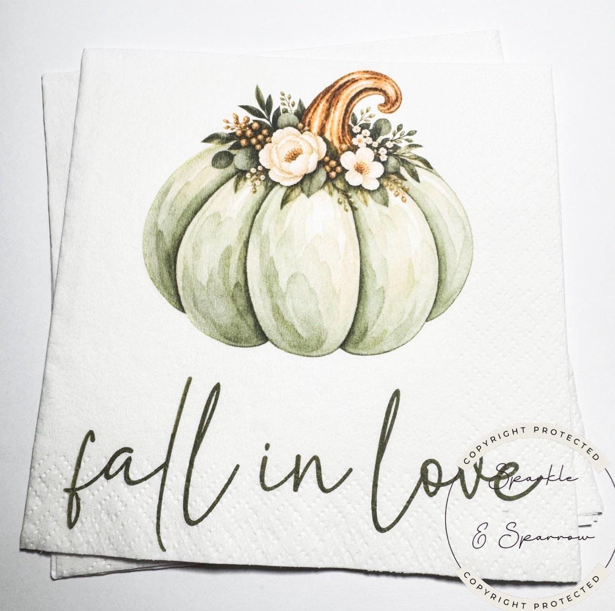 Fall in Love With Baby Fall Baby Shower Falling in Love Baby Pumpkin Baby Shower Sage Green Cocktail, Luncheon or Dinner Napkins Set of 25
