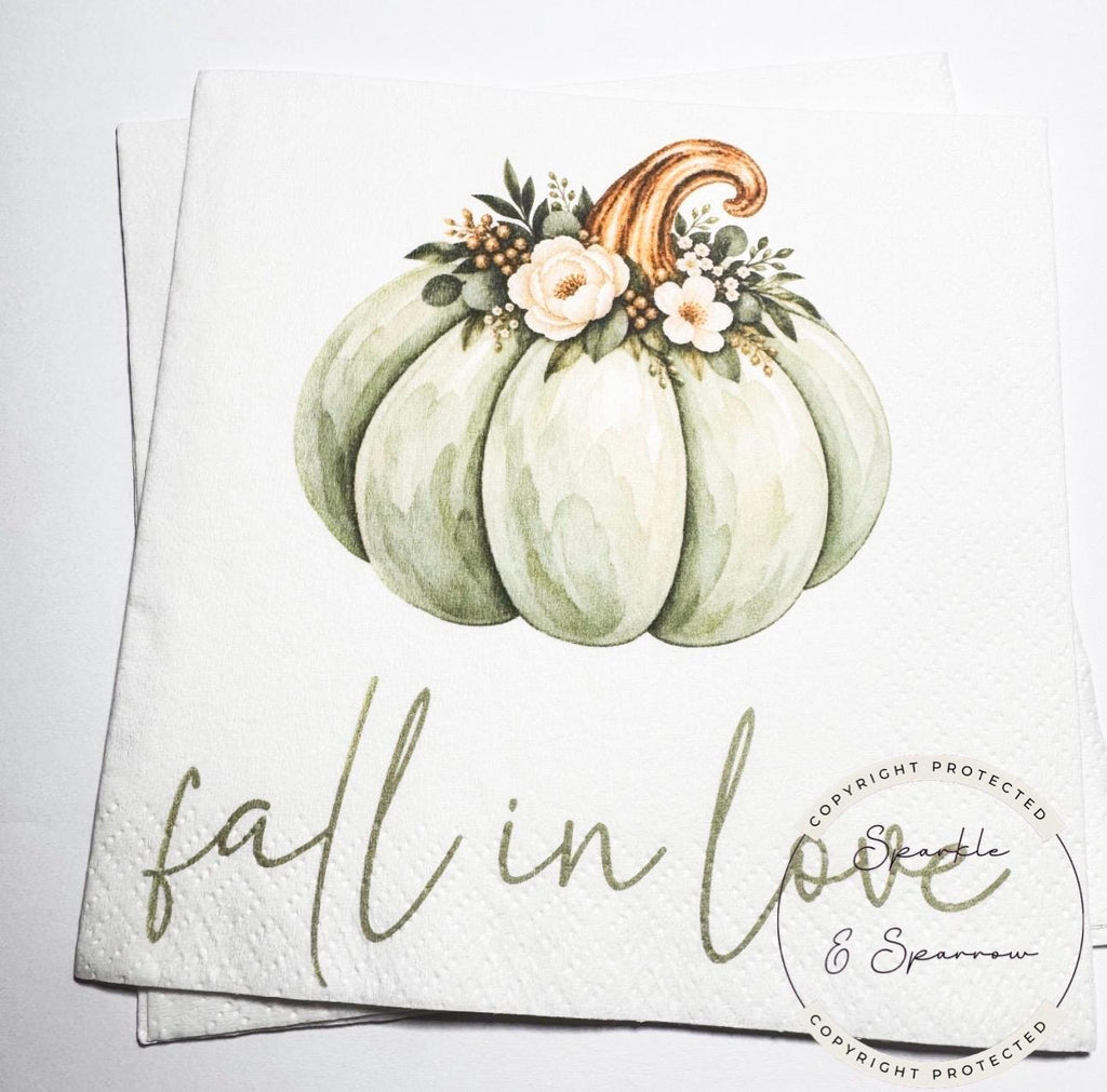 Fall in Love With Baby Fall Baby Shower Falling in Love Baby Pumpkin Baby Shower Sage Green Cocktail, Luncheon or Dinner Napkins Set of 25