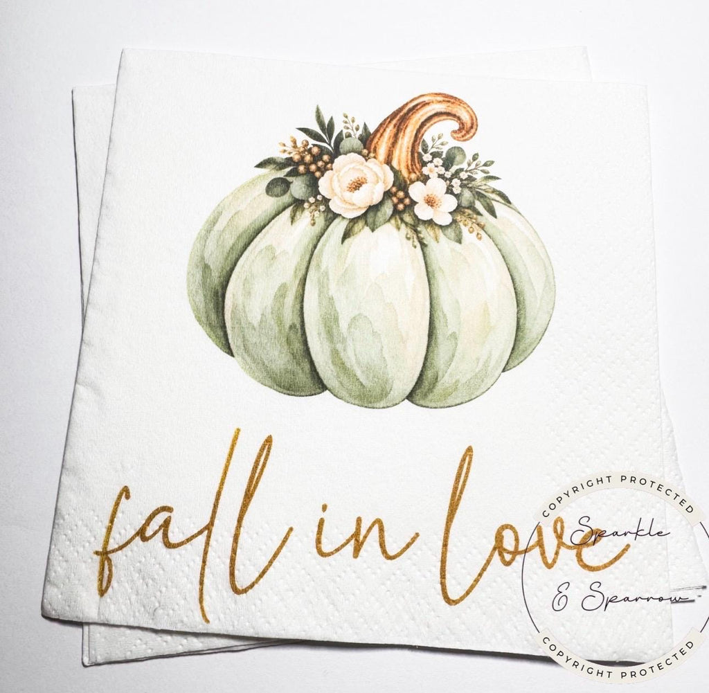 Fall in Love With Baby Fall Baby Shower Falling in Love Baby Pumpkin Baby Shower Sage Green Cocktail, Luncheon or Dinner Napkins Set of 25