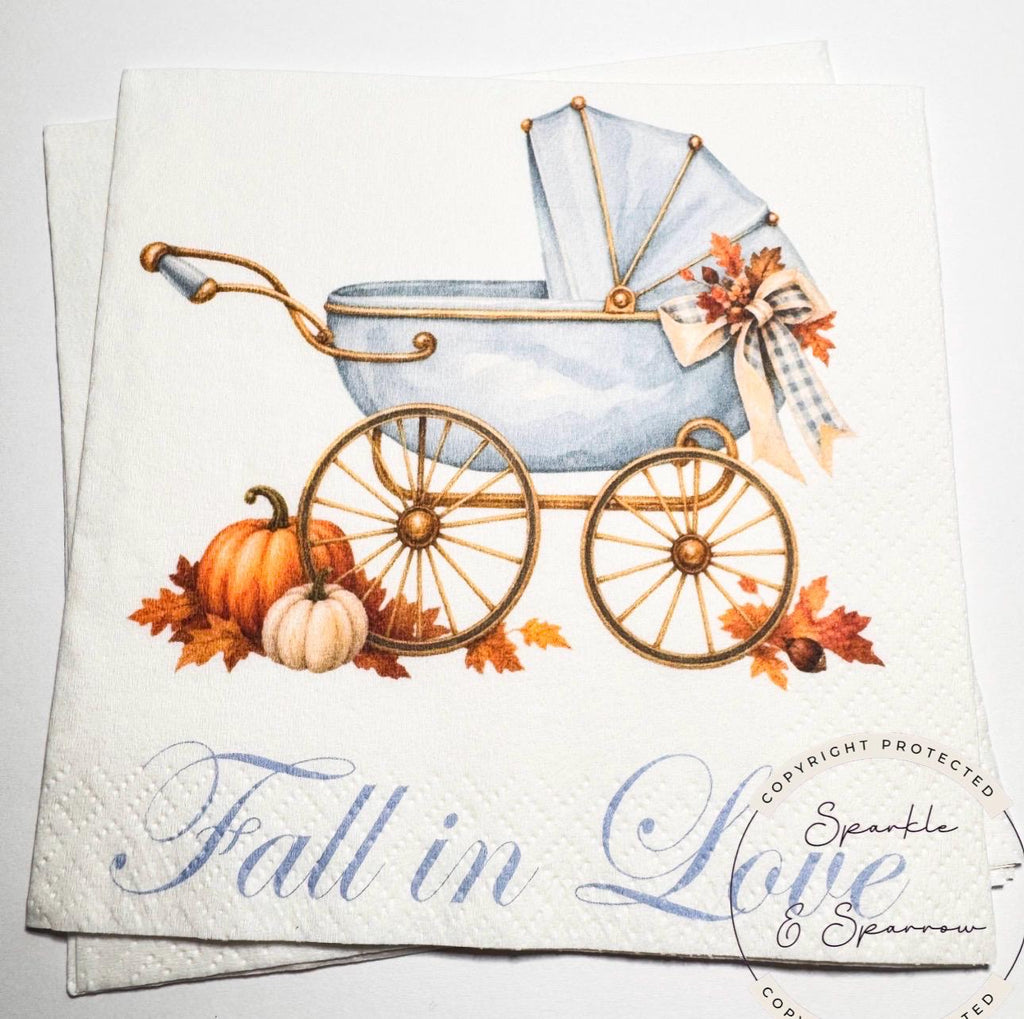 Fall in Love With Baby Fall Baby Shower Blue Baby Carriage Boy Fall in Love Baby Shower Pumpkin Baby Shower Blue Bow Napkins, Set of 25