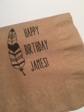 Load image into Gallery viewer, Personalized Boho Feather Kraft Black Pow Wow First Birthday Bohemian Cocktail Napkins, Set of 25
