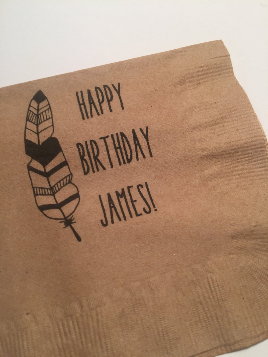 Personalized Boho Feather Kraft Black Pow Wow First Birthday Bohemian Cocktail Napkins, Set of 25