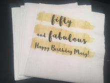 Load image into Gallery viewer, 50 and Fabulous Fifty Birthday Fiftied Birthday Party Personalized Gold Black Cocktail or Luncheon Napkins

