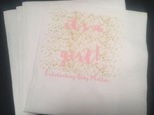 Load image into Gallery viewer, Personalized Its a Girl Pink Gold Confetti Polka Dot Gender Neutral Boy Girl Shower Cocktail or Luncheon Napkins, Set of 25
