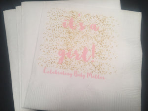 Personalized Its a Girl Pink Gold Confetti Polka Dot Gender Neutral Boy Girl Shower Cocktail or Luncheon Napkins, Set of 25
