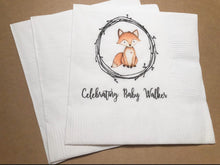 Load image into Gallery viewer, Woodland Fox Gender Neutral Personalized Fox Animal Fall Baby Shower Cocktail, Luncheon or Dinner Napkins Set of 25
