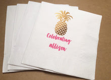 Load image into Gallery viewer, Gold Pineapple Tropical Pink Bridal Shower Birthday Party Personalized Cocktail, Luncheon or Dinner Napkins Set of 25
