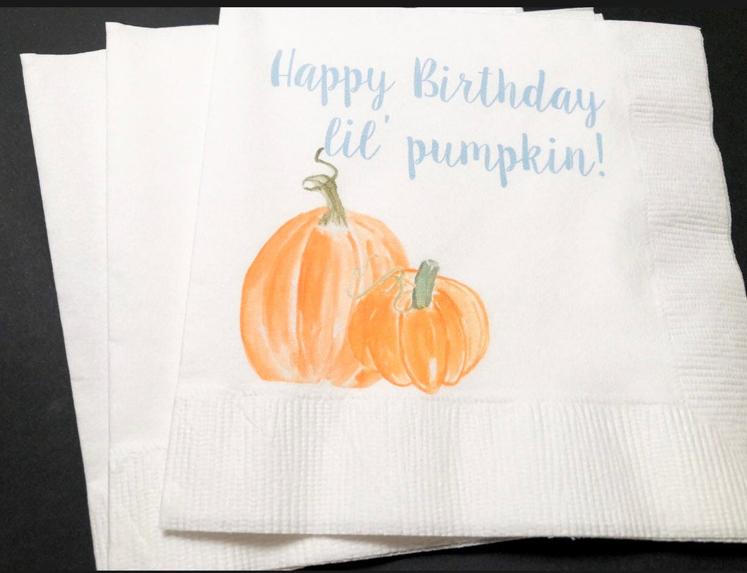 Lil' Pumpkin Happy Birthday Lil' Pumpkin Boy Fall First Birthday Little Pumpkin Autumn Party Cocktail or Luncheon Napkins, Set of 25