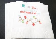 Load image into Gallery viewer, Christmas Gender Reveal He or She Bright Bundle of Joy Be Winter Baby Shower Personalized Cocktail, Luncheon or Dinner Napkins Set of 25
