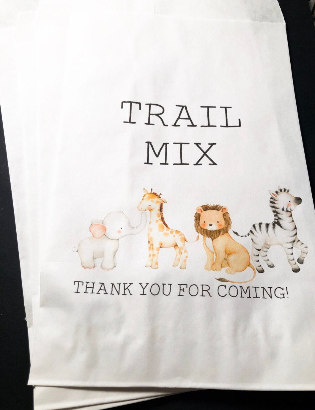 Jungle Animal Baby Shower Trail Mix Favor Bags Treat Bags, Set of 10