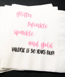 30th Birthday Glitter Twinkle Sparkle and Gold Hello Thirty Talk 30 To Me Dirty Thirty Personalized Birthday Napkins, Set of 25