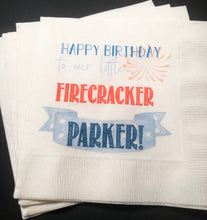 Load image into Gallery viewer, Little Firecracker Birthday 4th of July Birthday Party Personalized Napkins, Set of 25
