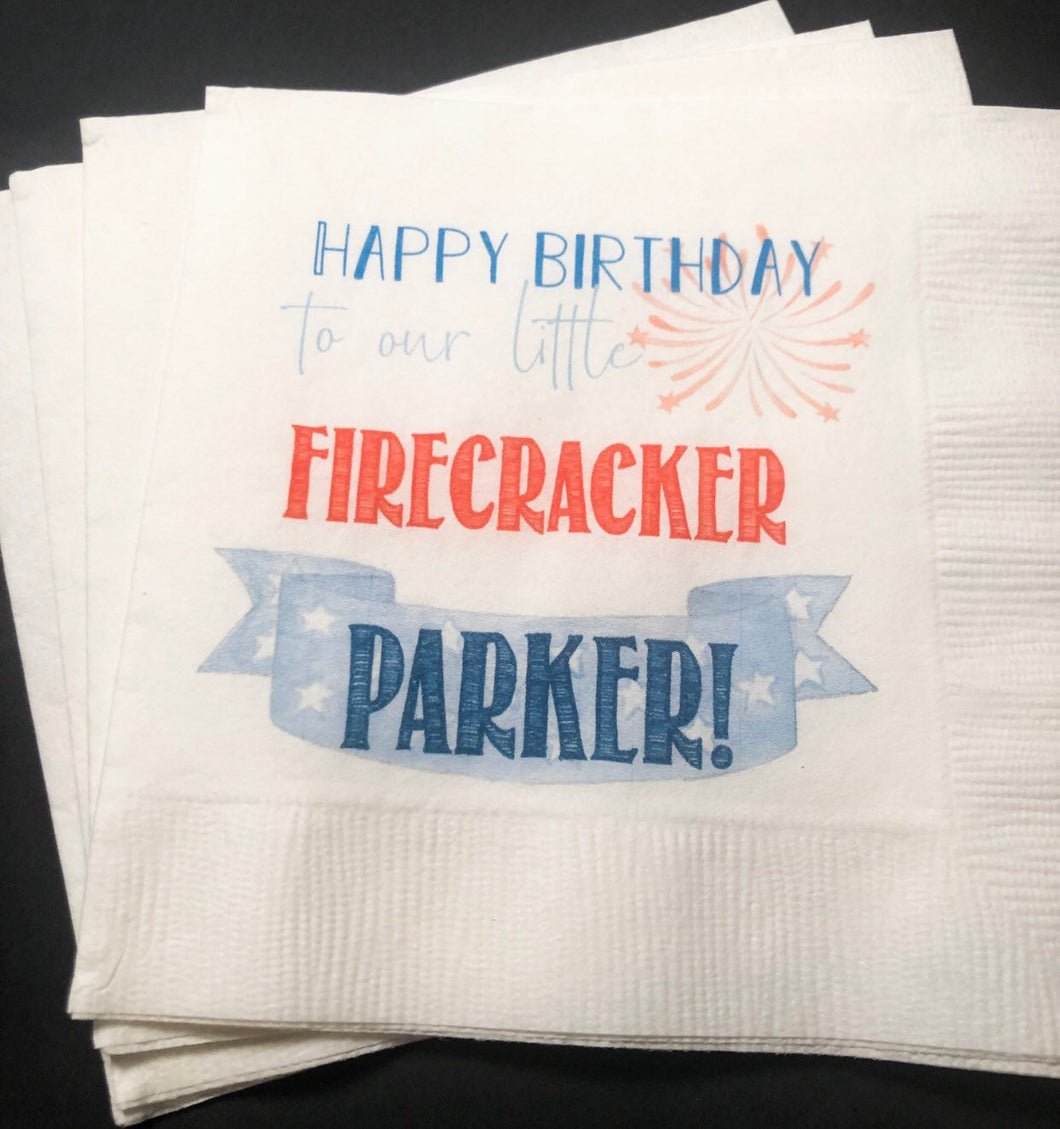 Little Firecracker Birthday 4th of July Birthday Party Personalized Napkins, Set of 25