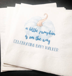 A Little Pumpkin Is On It's Way Boy Fall Baby Shower Blue Pumpkin Personalized Cocktail Napkins, Set of 25