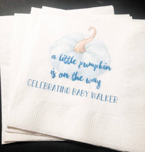 Load image into Gallery viewer, A Little Pumpkin Is On It&#39;s Way Boy Fall Baby Shower Blue Pumpkin Personalized Cocktail, Luncheon or Dinner Napkins Set of 25
