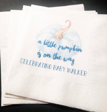 Load image into Gallery viewer, A Little Pumpkin Is On It&#39;s Way Boy Fall Baby Shower Blue Pumpkin Personalized Cocktail Napkins, Set of 25
