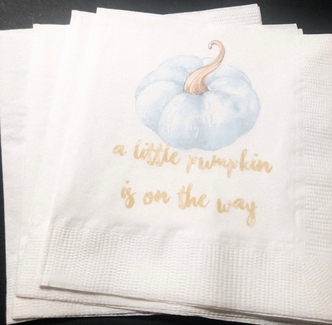 A Little Pumpkin Is On It's Way Boy Fall Baby Shower Blue Pumpkin Gold Cocktail Napkins, Set of 25