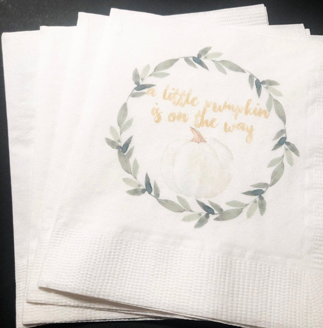 A Little Pumpkin Is On It's Way Fall Baby Shower Gender Neutral White Pumpkin Gold Cocktail Napkins, Set of 25