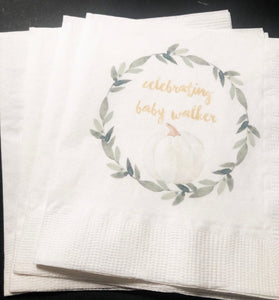 Fall Pumpkin Baby Shower Gender Neutral White Pumpkin Gold Personalized Cocktail Napkins, Set of 25