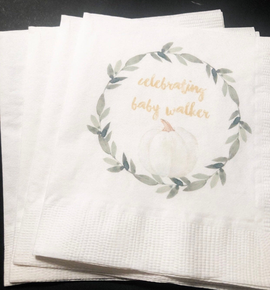 Fall Pumpkin Baby Shower Gender Neutral White Pumpkin Gold Personalized Cocktail Napkins, Set of 25