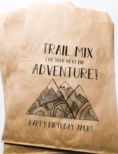 Load image into Gallery viewer, Trail Mix Next Big Adventure Awaits Happy Trails Mountain Birthday Personalized Favor Bags, Set of 10
